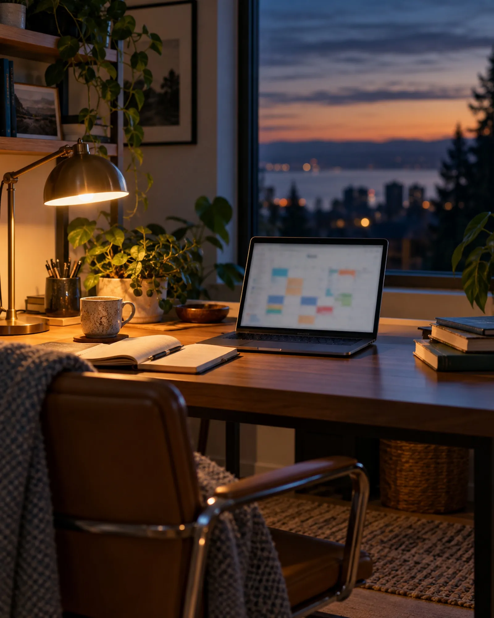 Home office at dusk with a laptop showing a full week of coaching sessions