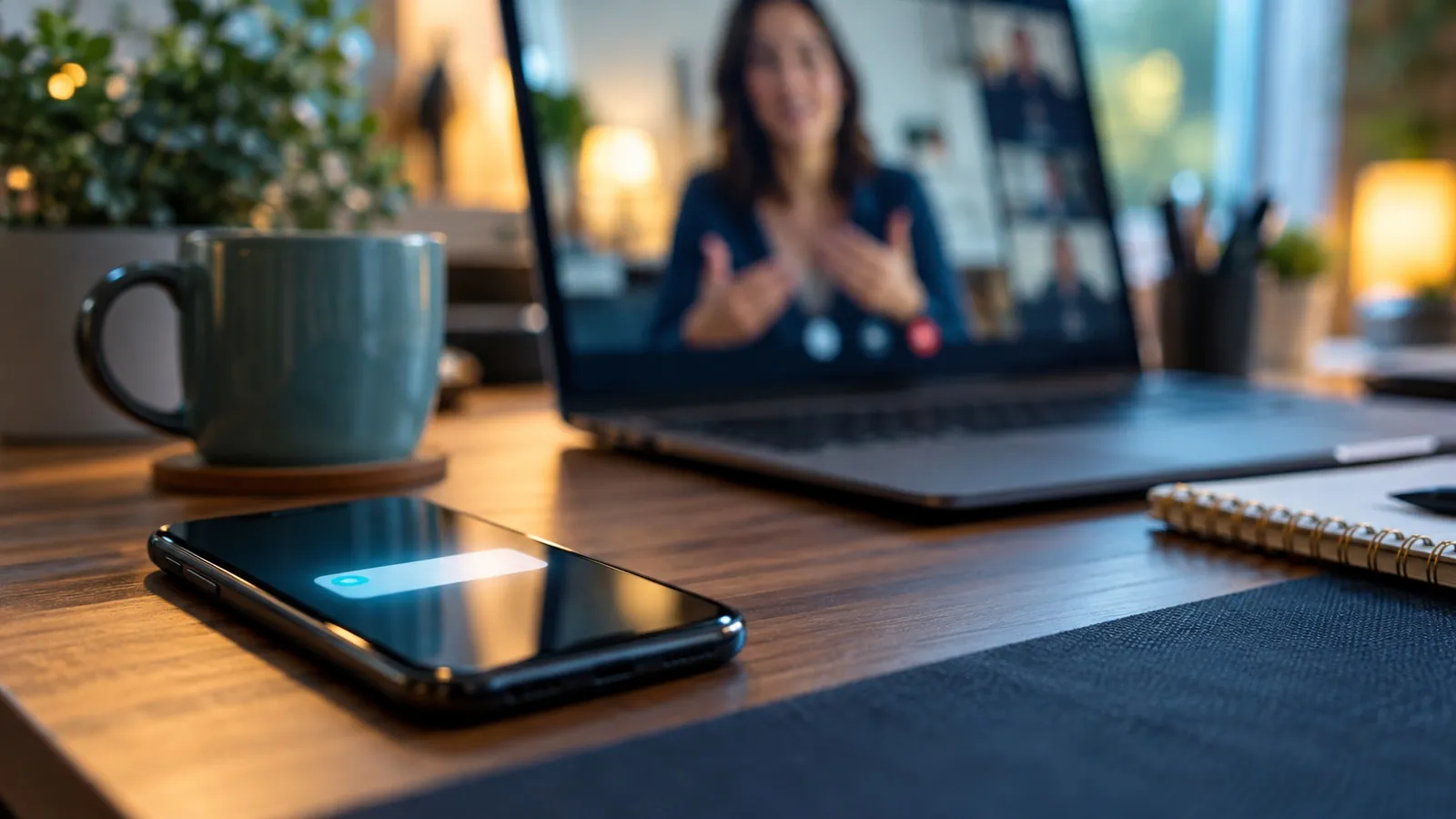 Phone lighting up with a new message beside a laptop on a video call