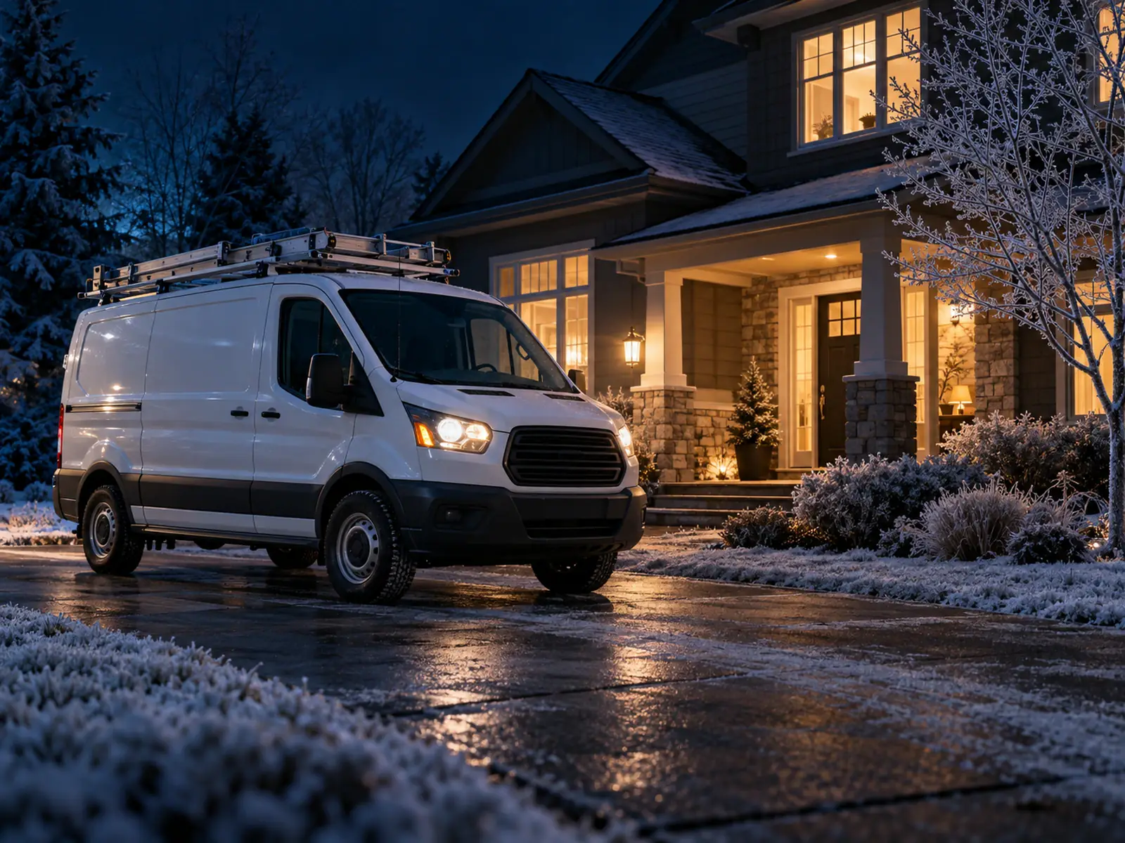 HVAC service van parked outside a family home at night with warm lights on