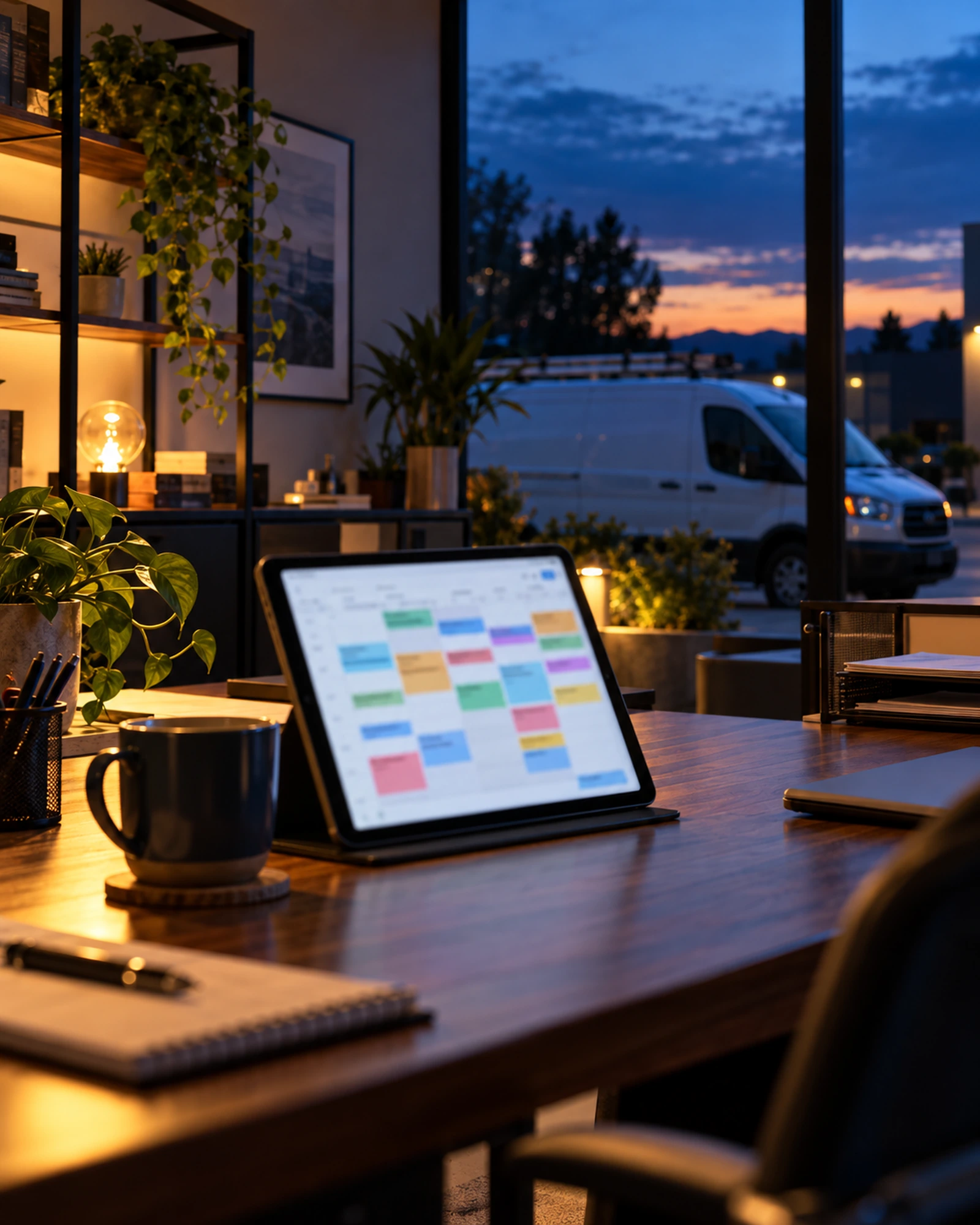 HVAC office at dusk with a tablet showing a full service schedule