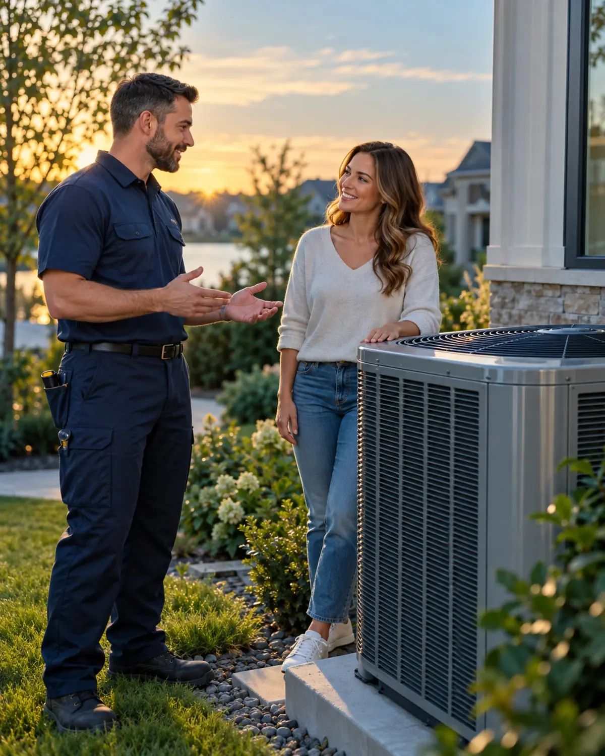 HVAC technician talking with a homeowner beside a newly installed outdoor AC unit