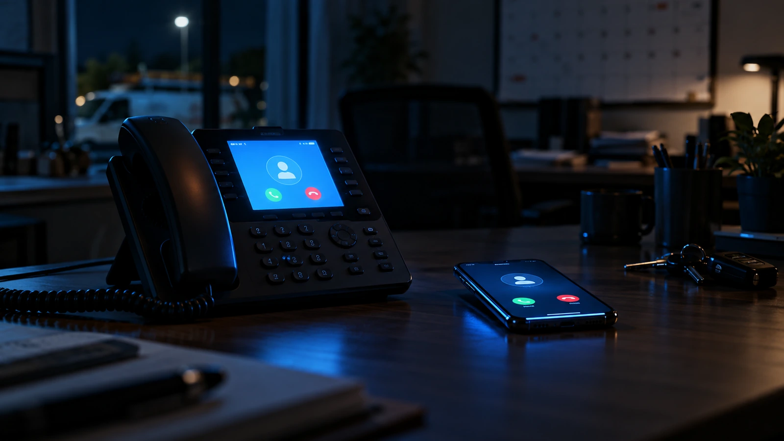 Phone ringing unanswered on a desk in a dark HVAC office at night
