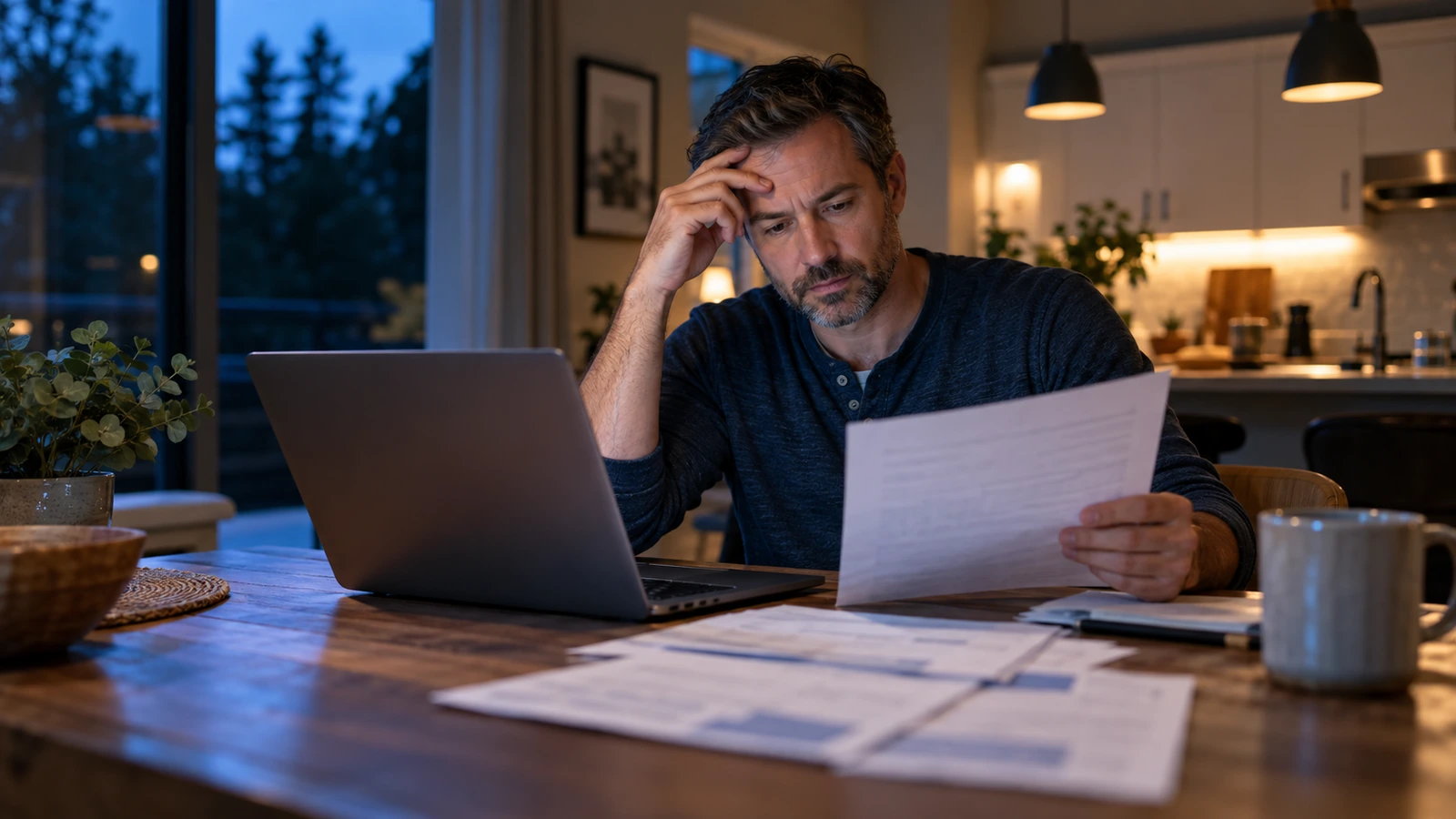 Homeowner comparing HVAC replacement quotes on a laptop at the kitchen table