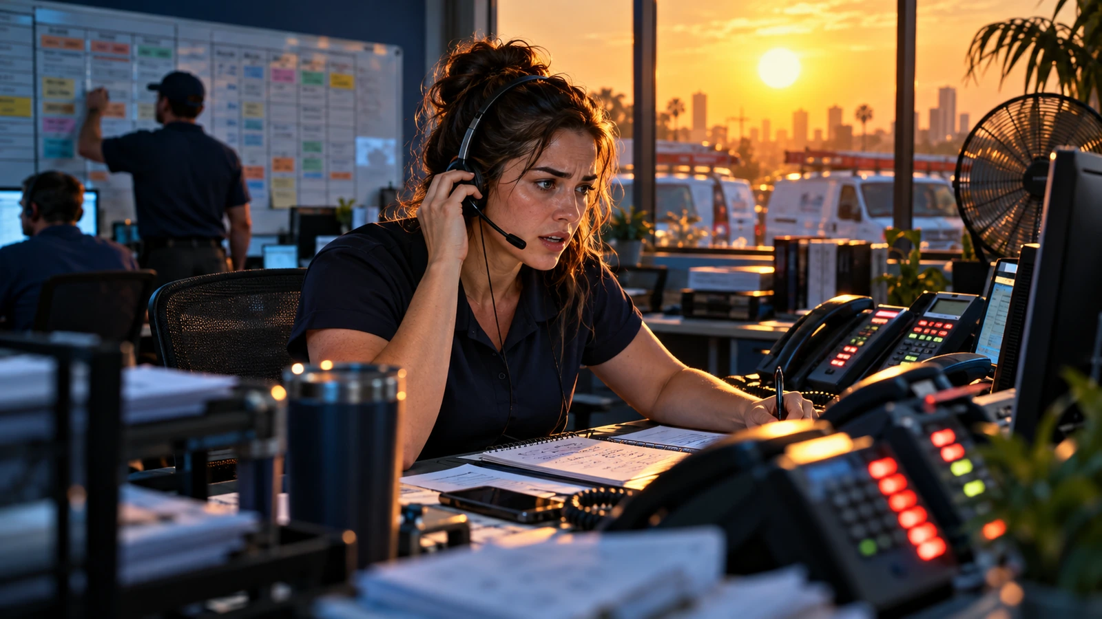 Busy HVAC dispatcher juggling phone calls during a summer heat wave