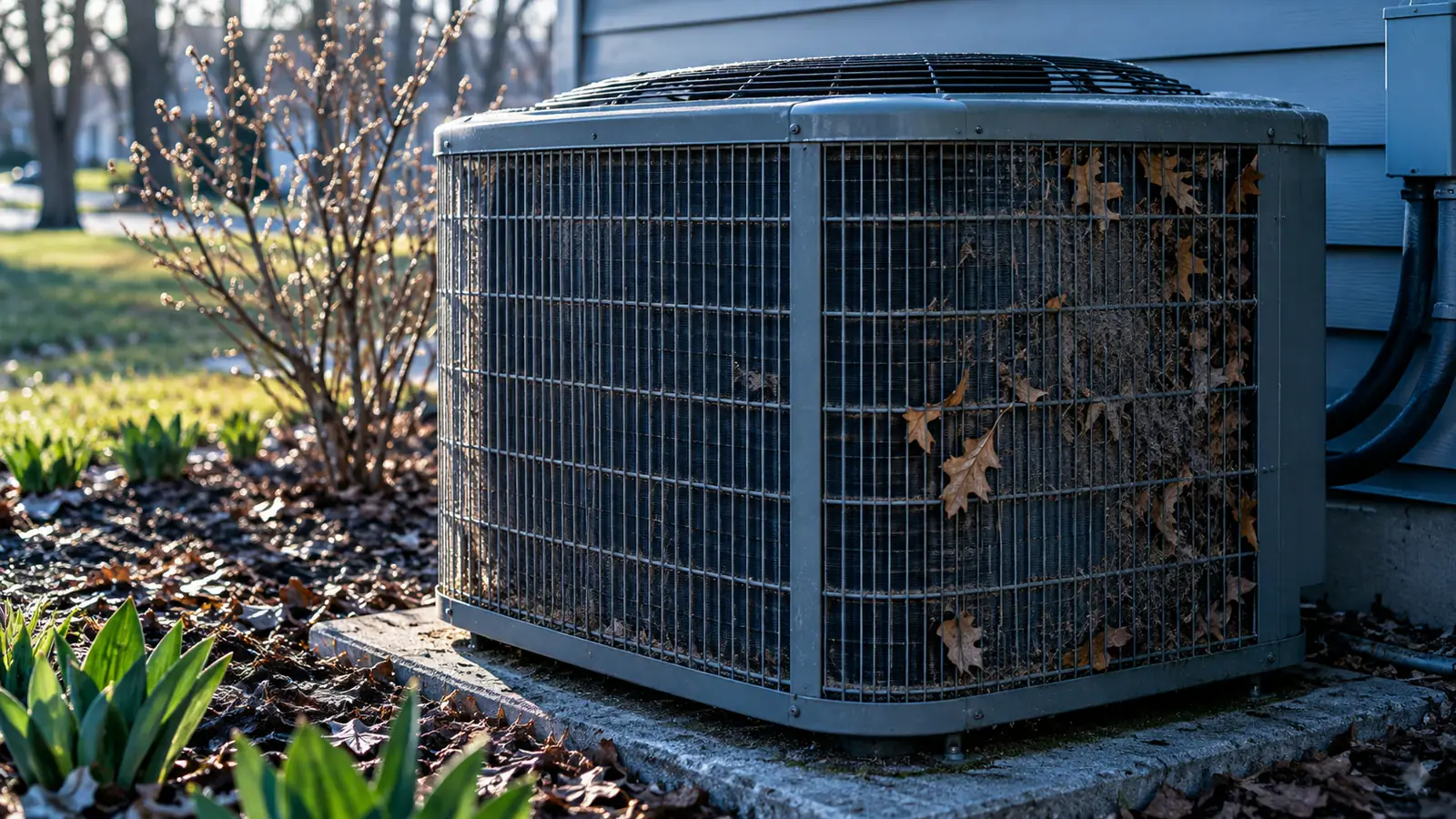 Dusty outdoor AC condenser beside a house in early spring