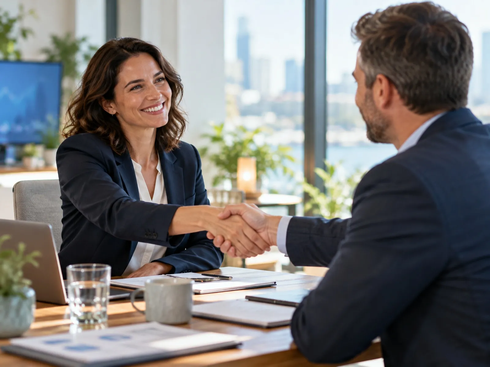 Consultant shaking hands with a client after a strategy session