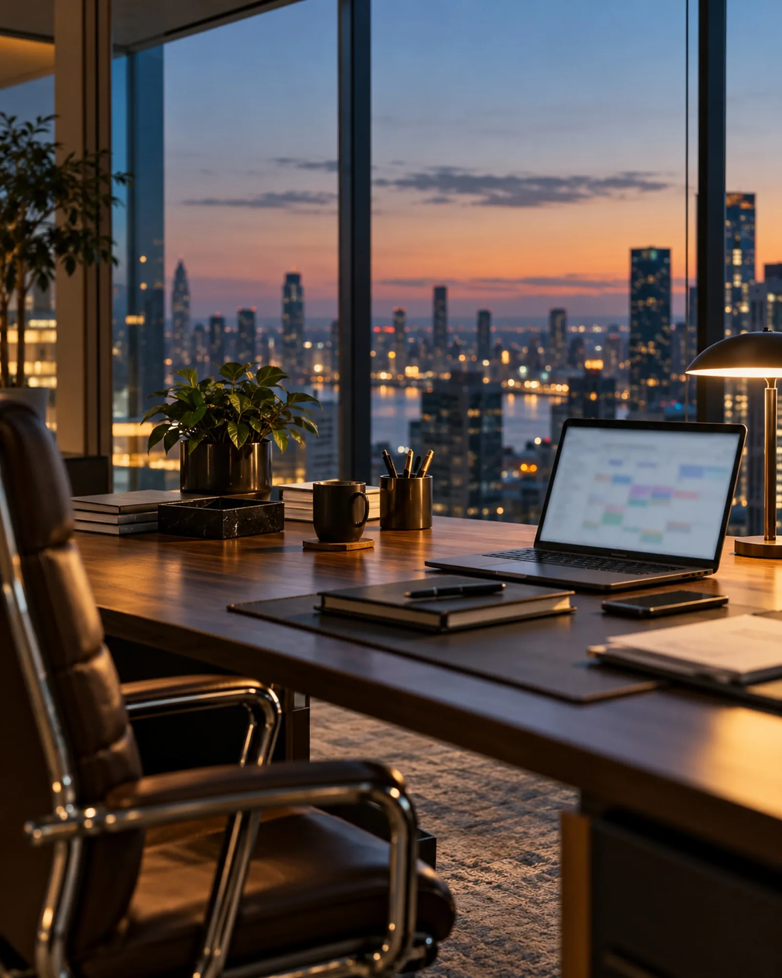 Executive office at dusk with a laptop showing a full week of client calls