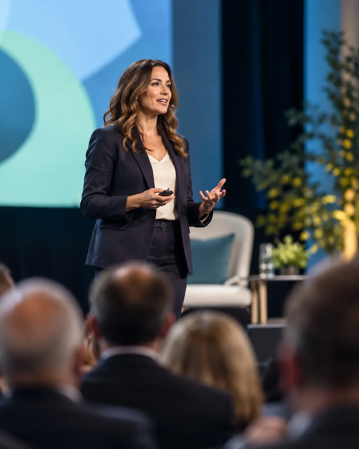 Speaker on stage addressing a room of business leaders
