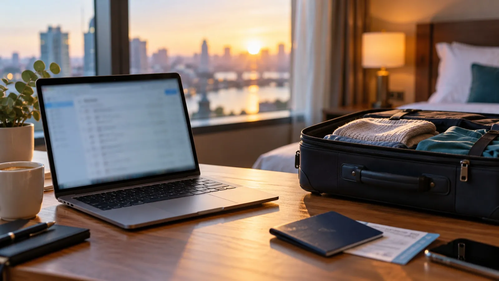 Unopened enquiry email on a laptop beside a packed travel bag