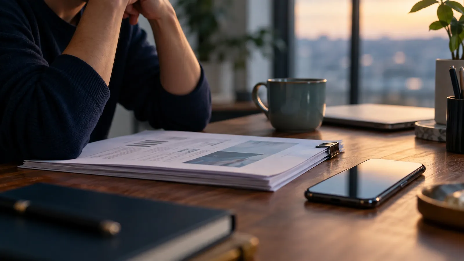 Printed proposal on a desk next to a phone with no new messages