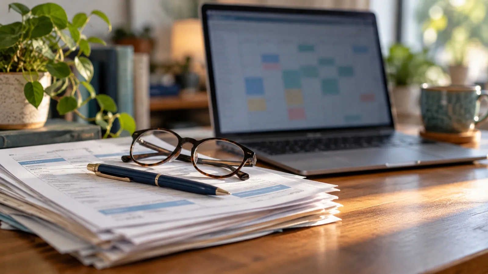 Stack of unpaid invoices beside a laptop showing a calendar of client work