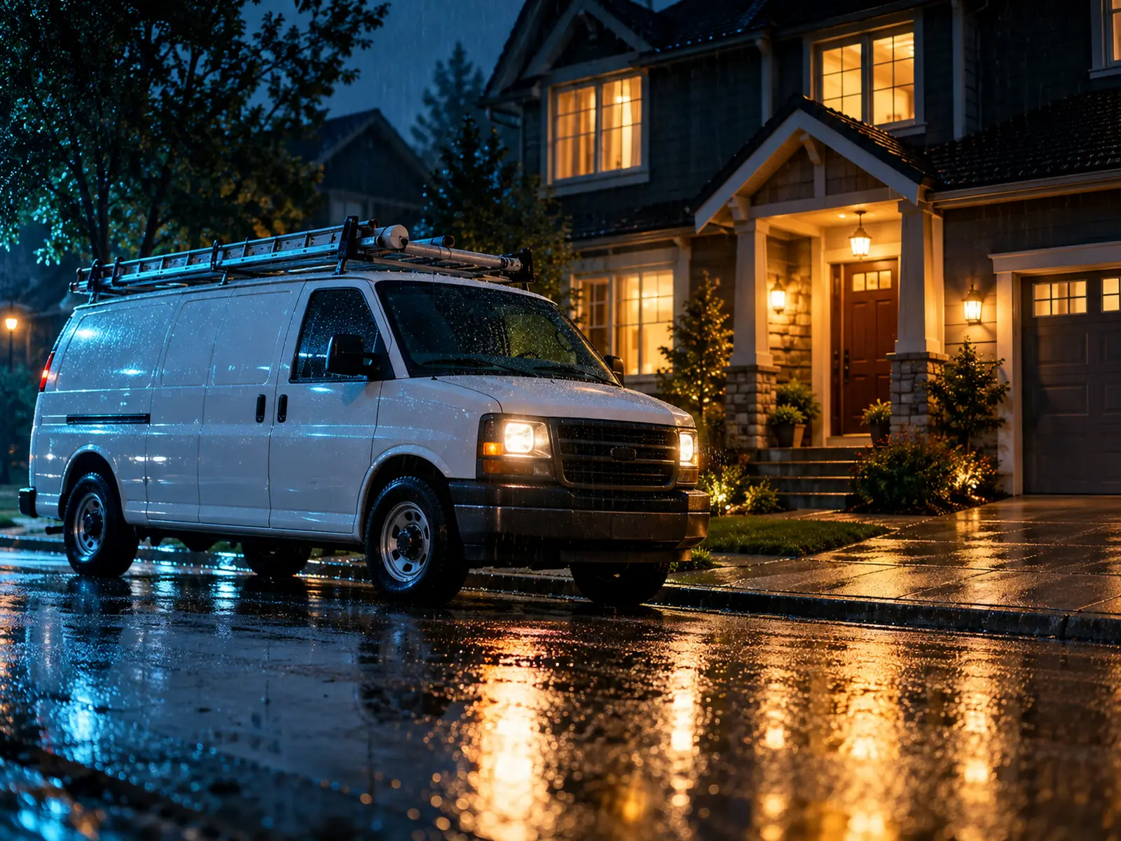 Plumbing service van parked outside a home on a rainy night with warm lights on