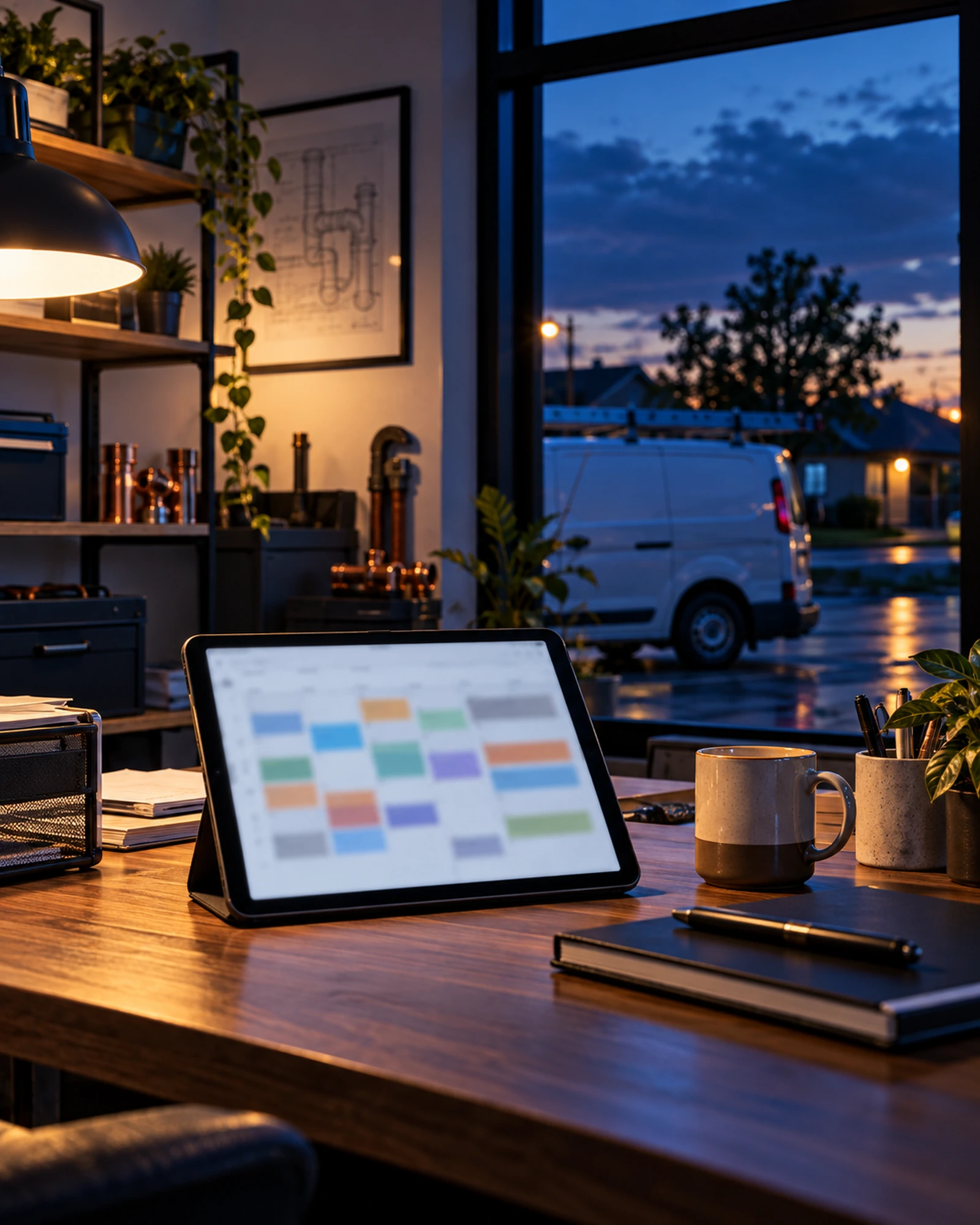 Plumbing company office at dusk with a tablet showing a full job schedule