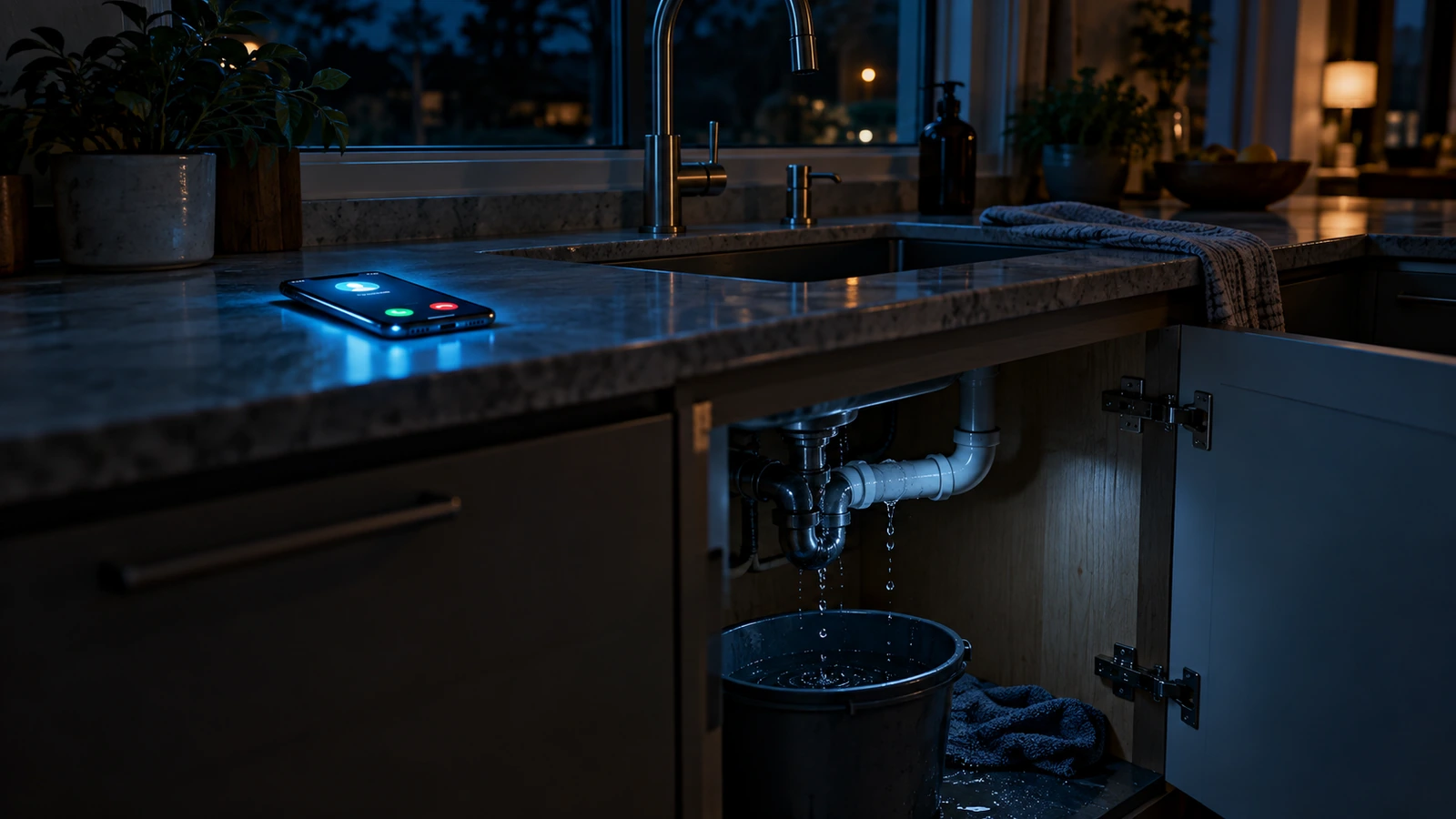 Phone ringing unanswered beside a leaking pipe under a sink at night