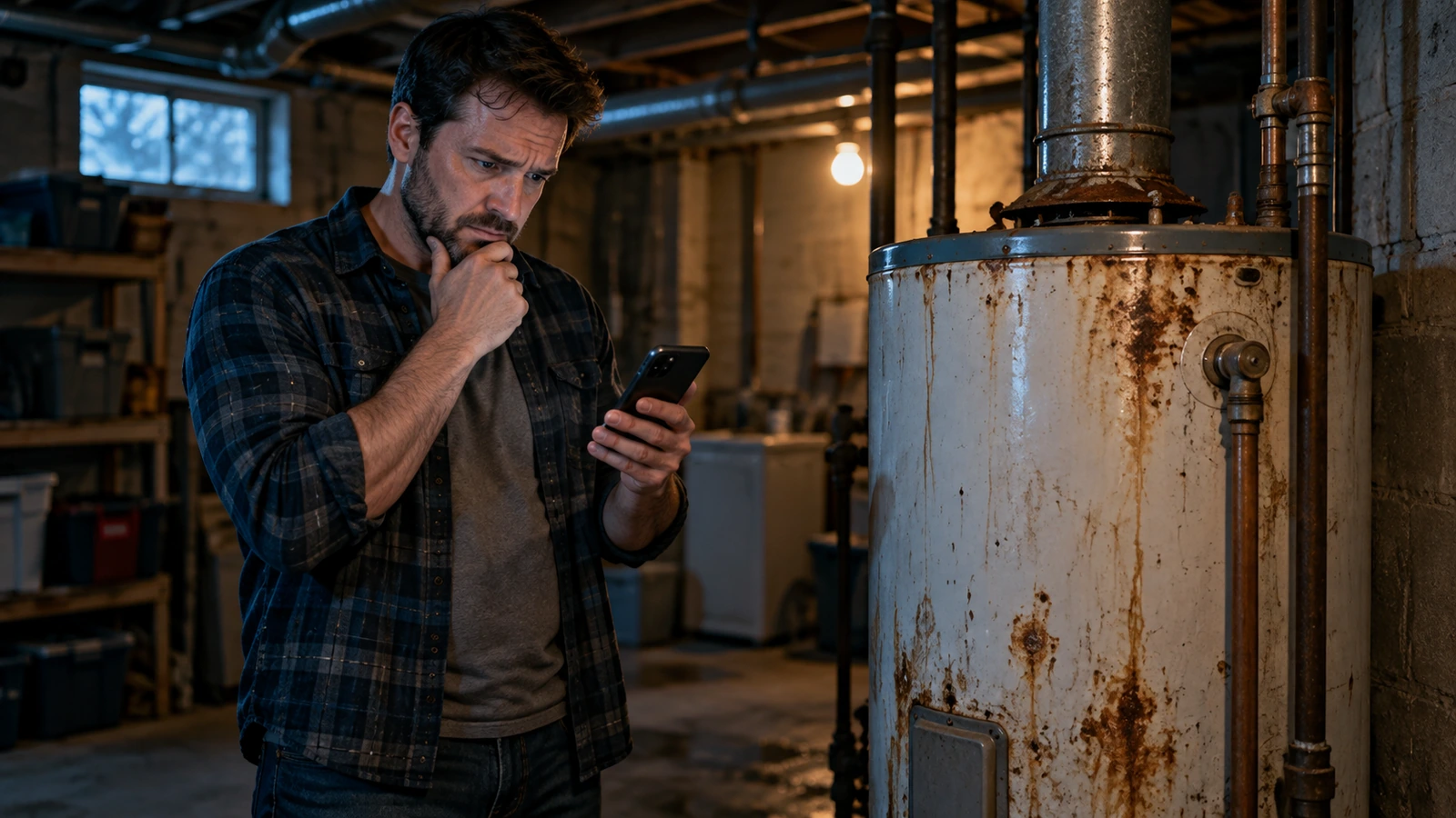 Homeowner looking at an old water heater while comparing quotes on a phone