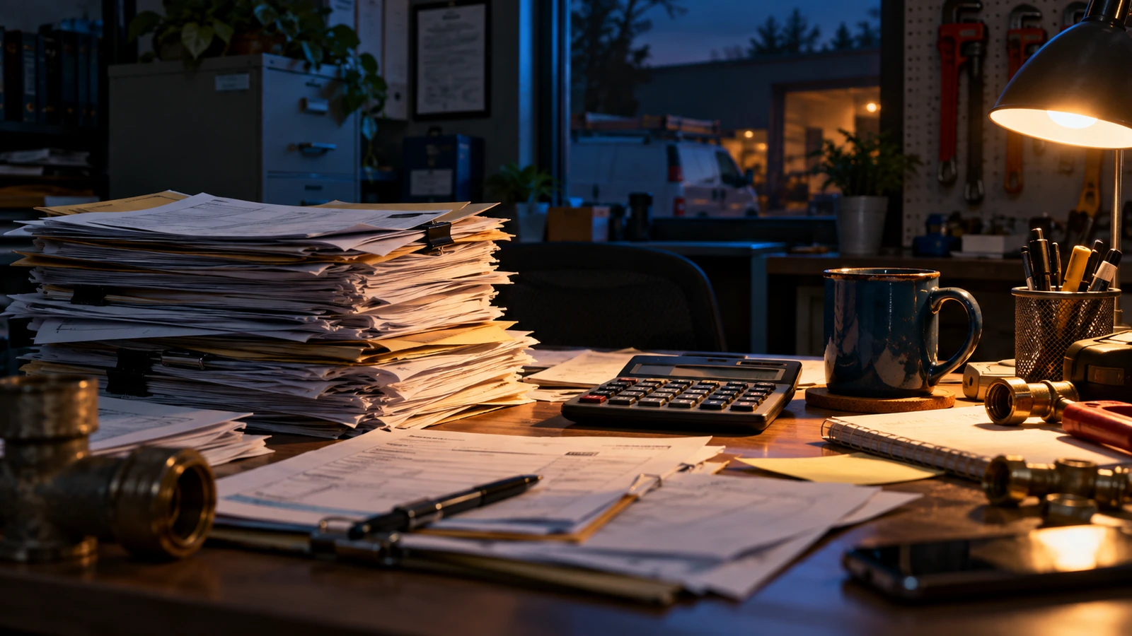 Stack of unpaid invoices and a calculator on a plumbing office desk