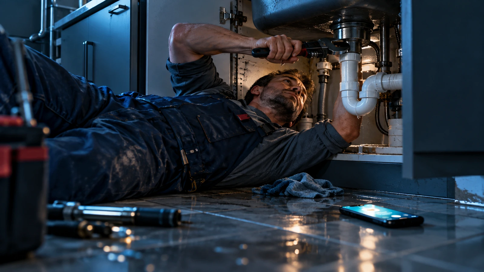 Plumber working under a sink while a phone rings on the floor beside them