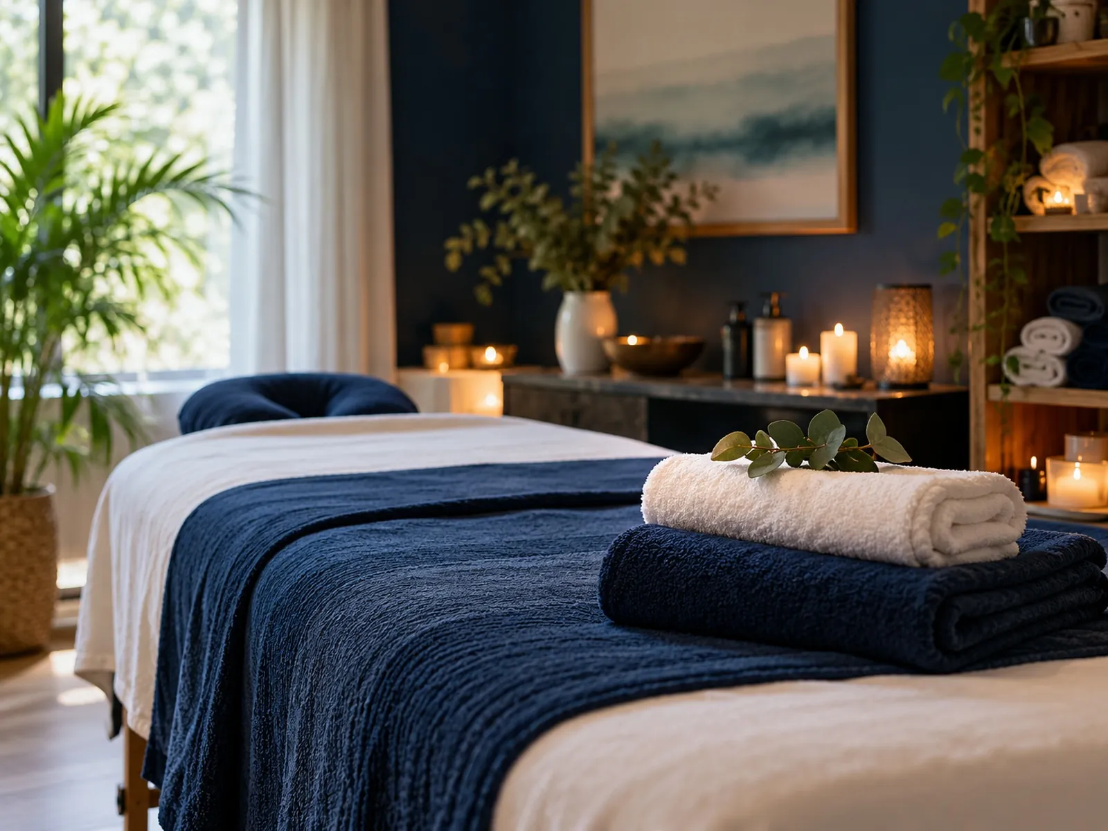 Quiet treatment room with candles and fresh towels, ready for the next client