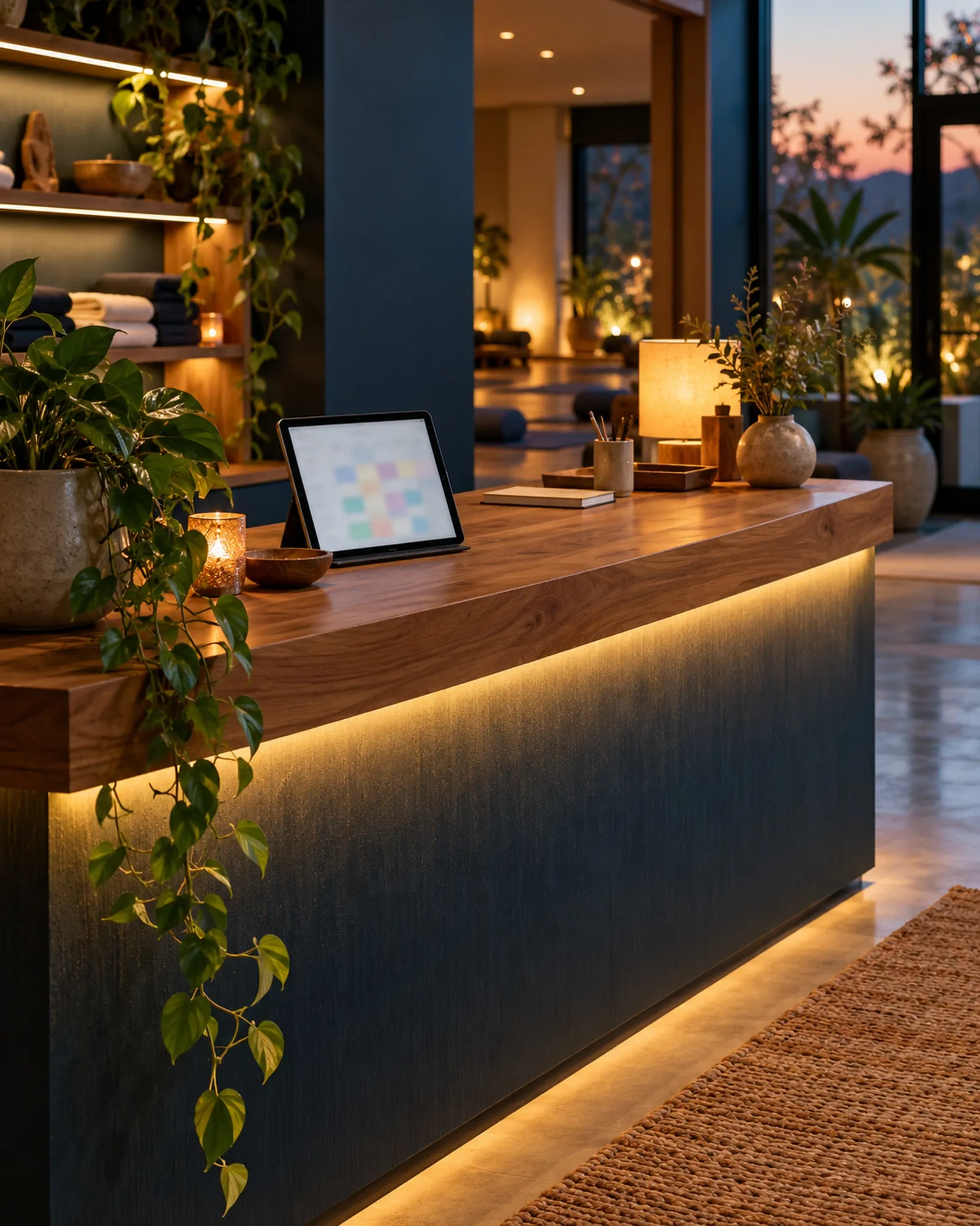 Wellness studio reception at dusk with a tablet showing a full day of sessions