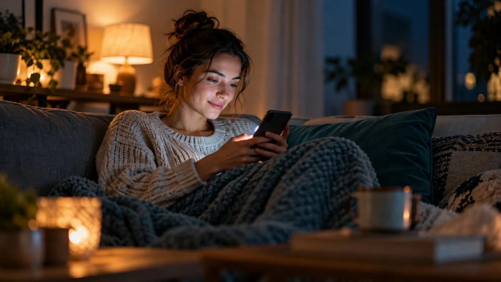 Person browsing a wellness studio website on a phone late at night