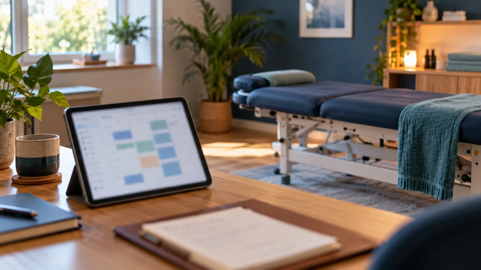 Empty treatment table with a schedule showing a cancelled appointment