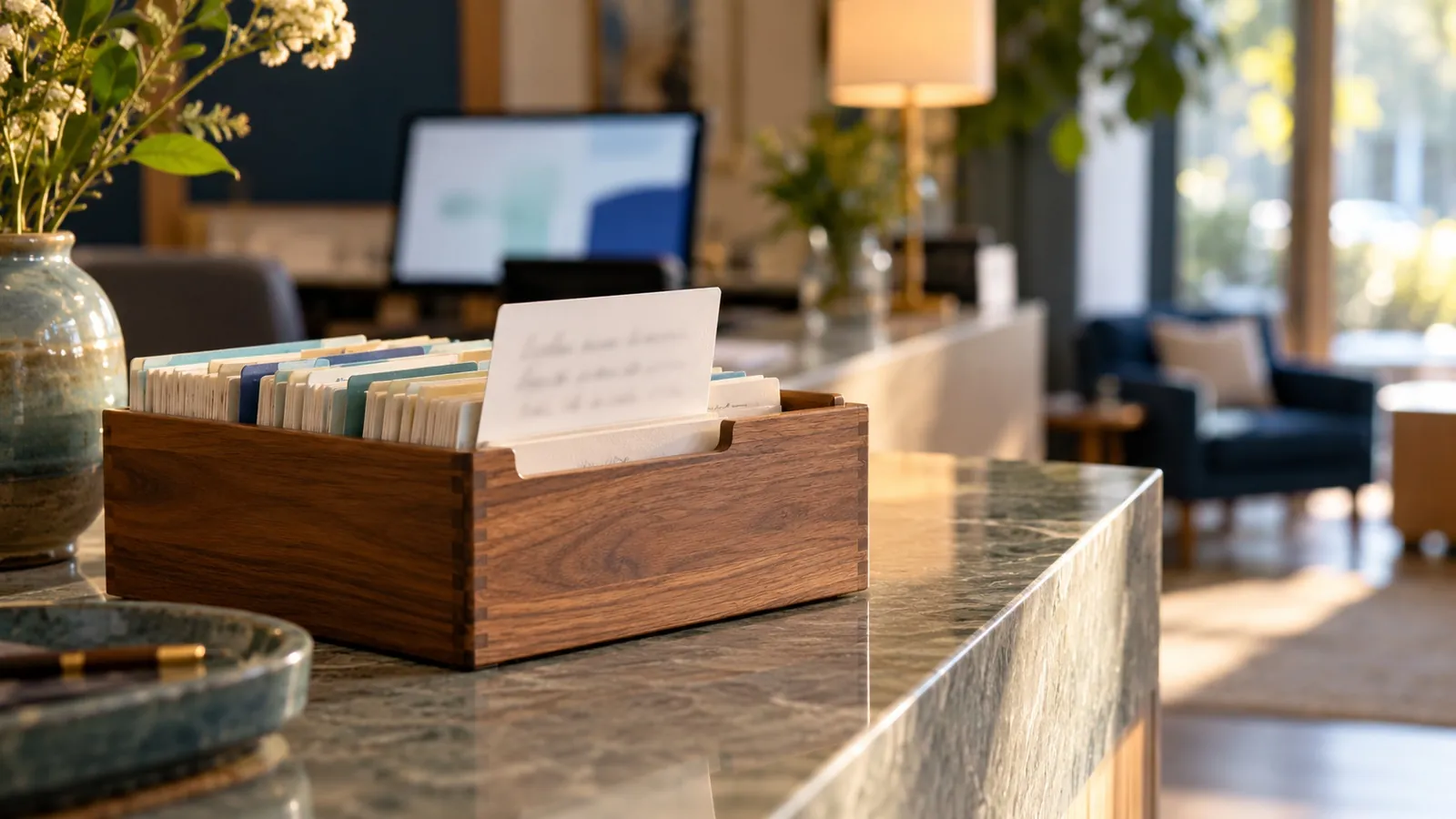 Box of client cards on a reception counter with one card pulled out