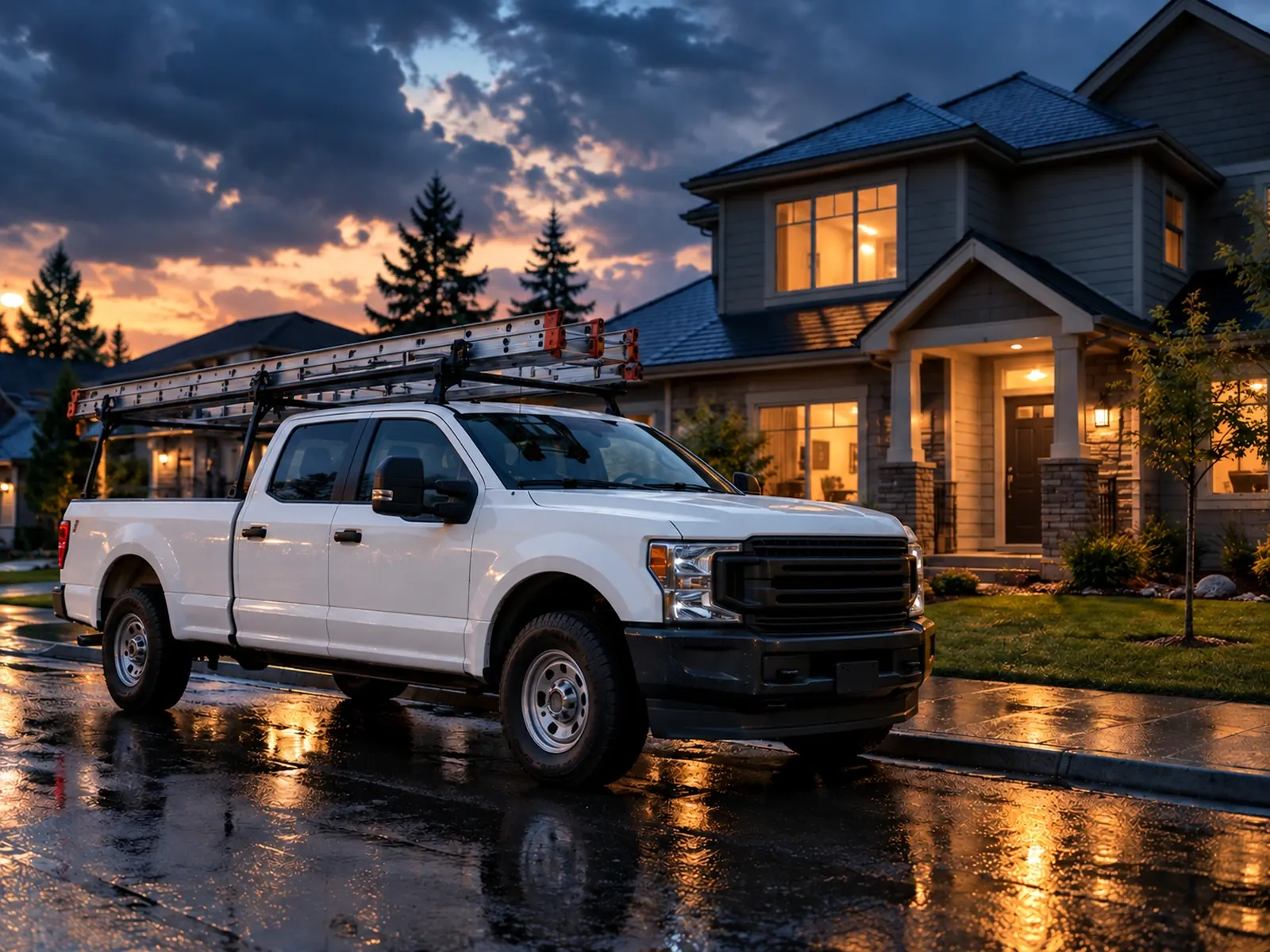 Roofing work truck with a ladder rack parked outside a home after a storm, warm lights on
