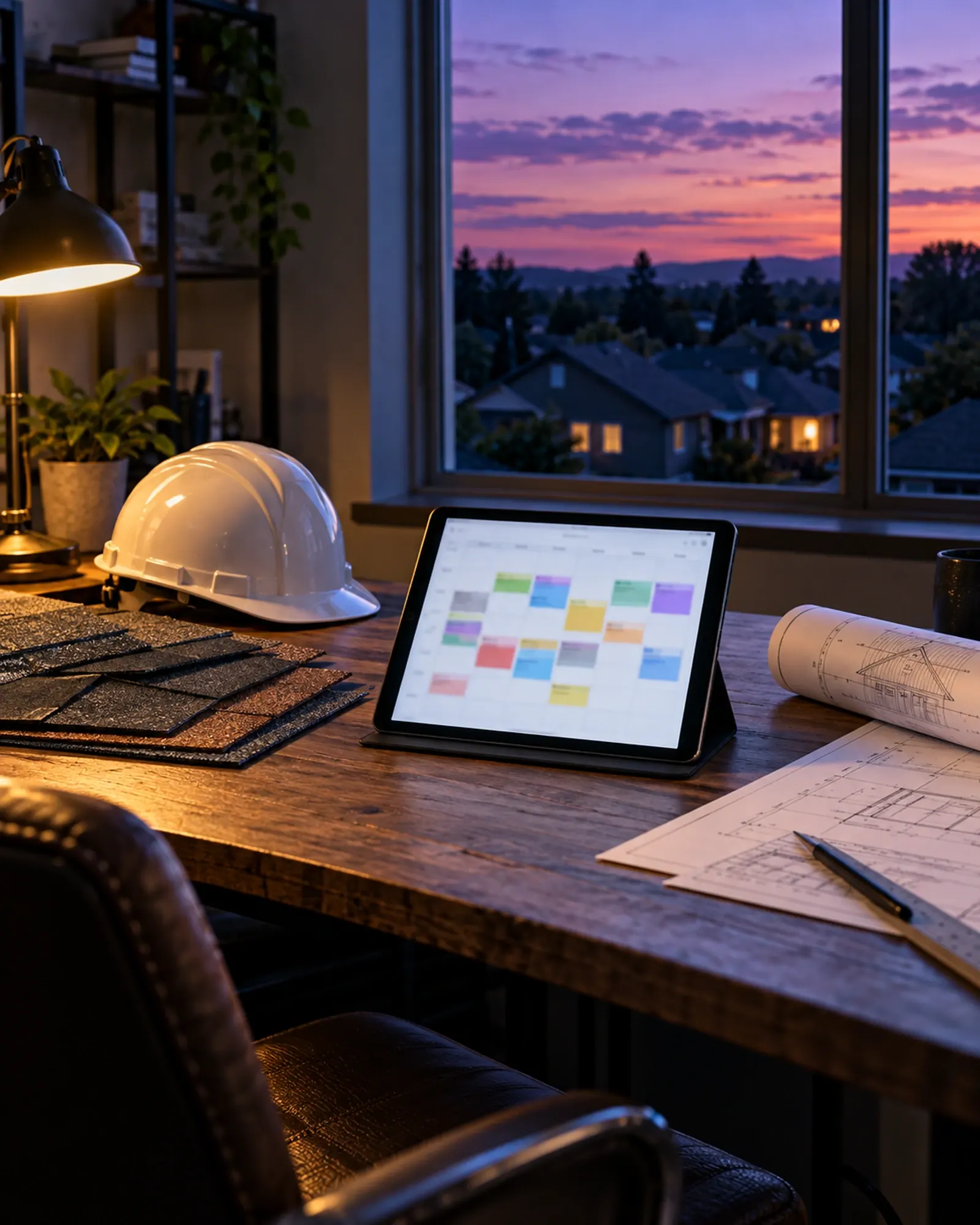 Roofing company office at dusk with a tablet showing a full inspection schedule