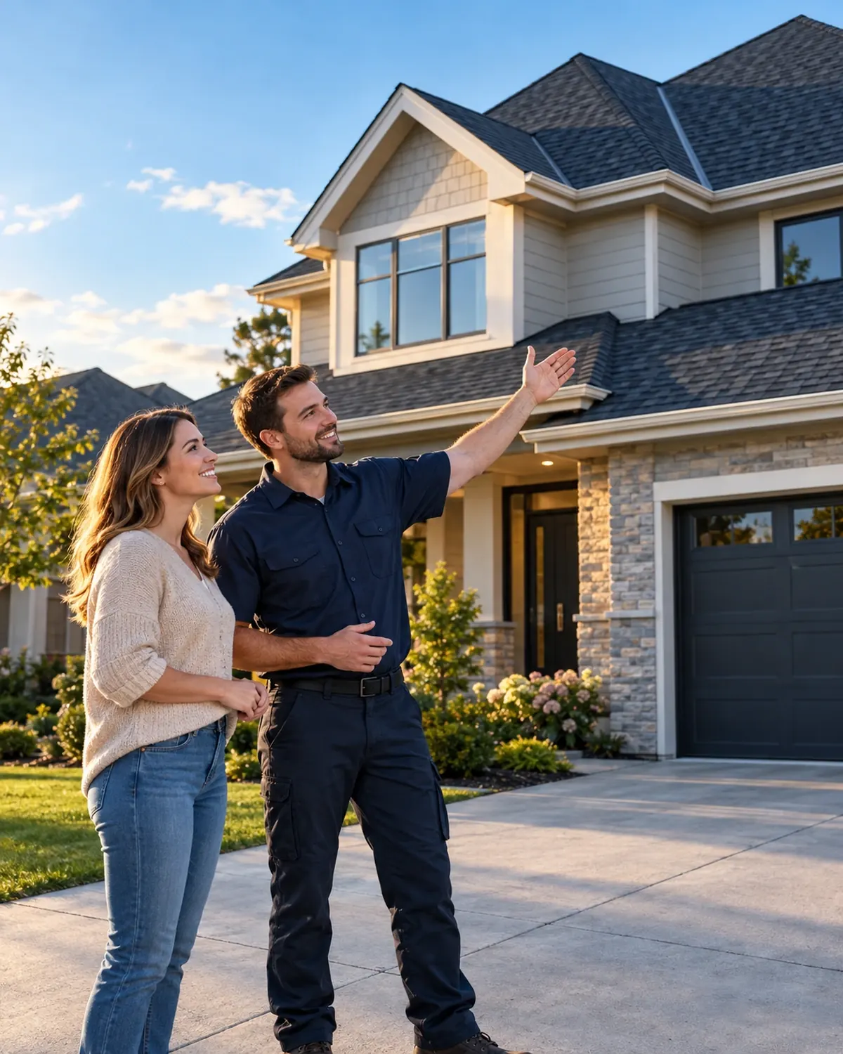 Roofer in a navy work shirt showing a homeowner a newly replaced roof from the driveway