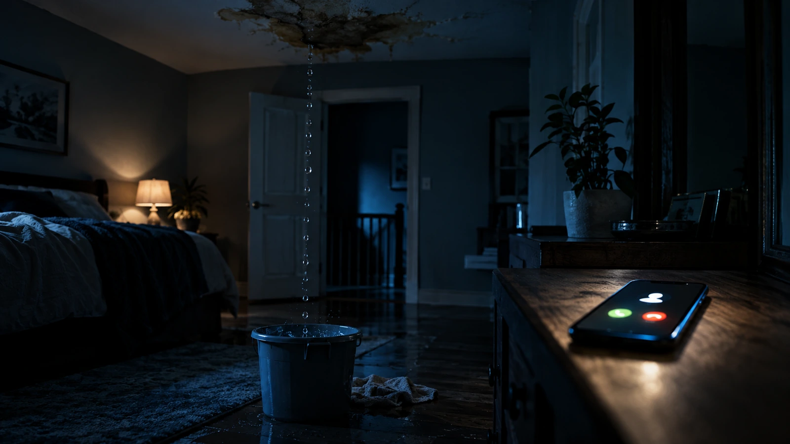 Water dripping from a ceiling into a bucket at night while a phone rings