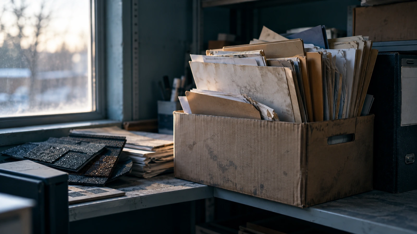 Box of old roofing job files and invoices on a shelf in a quiet office