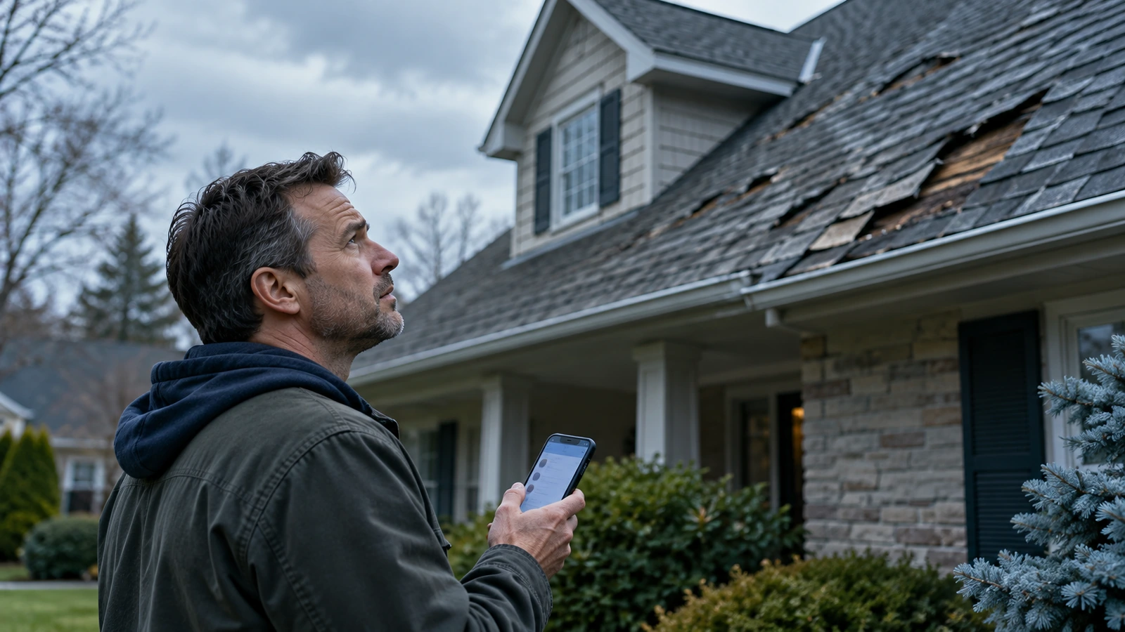 Homeowner looking up at a worn roof while comparing quotes on a phone