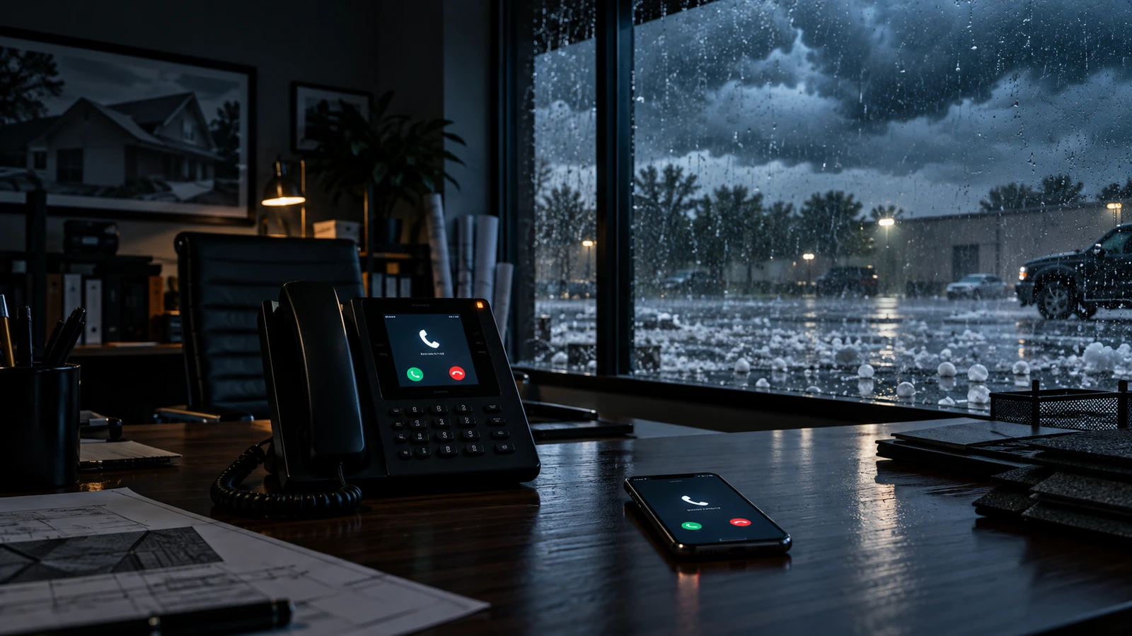 Office phone ringing while hail and storm clouds fill the window