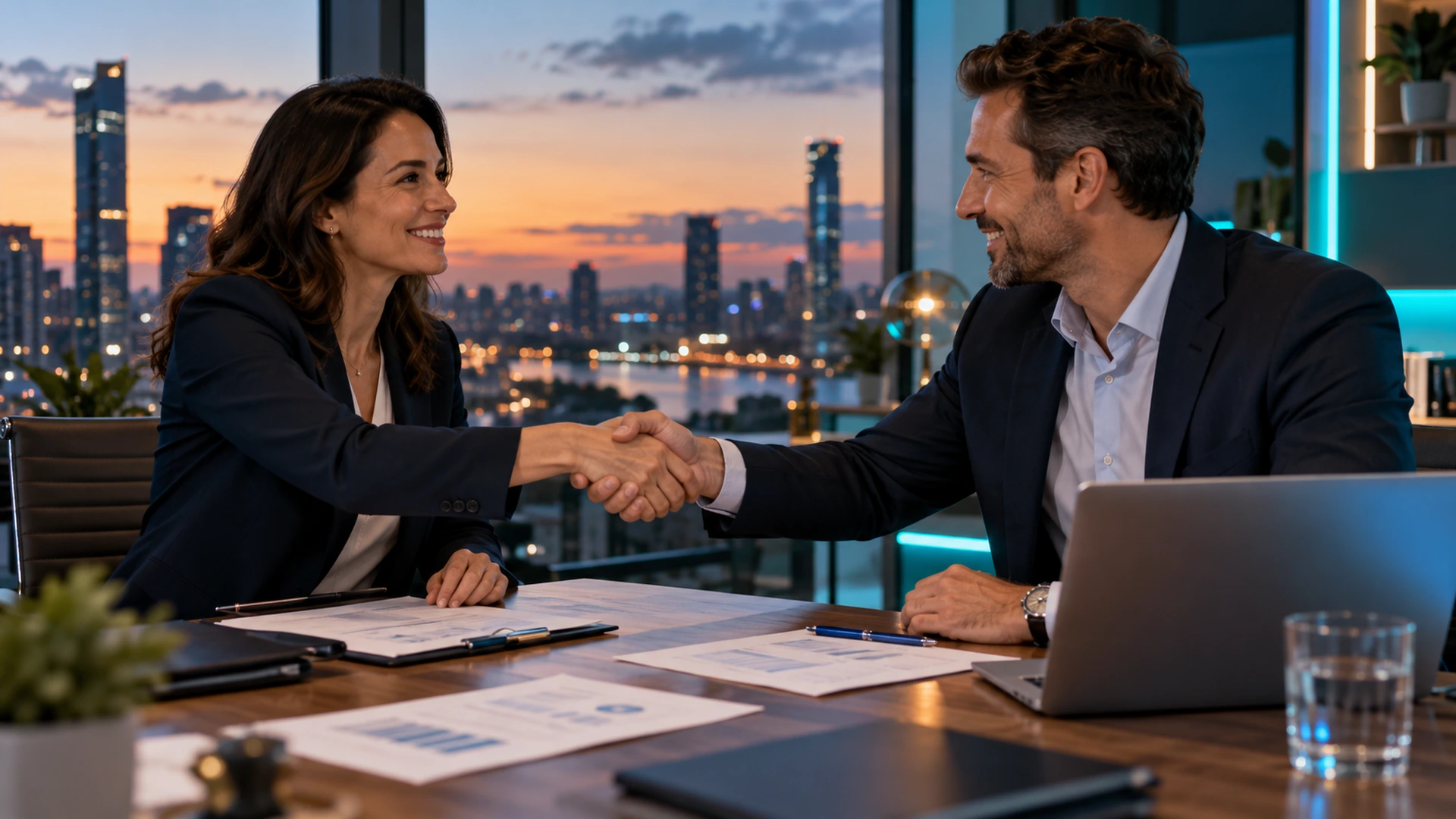 Two partners shaking hands across a desk in an office at dusk