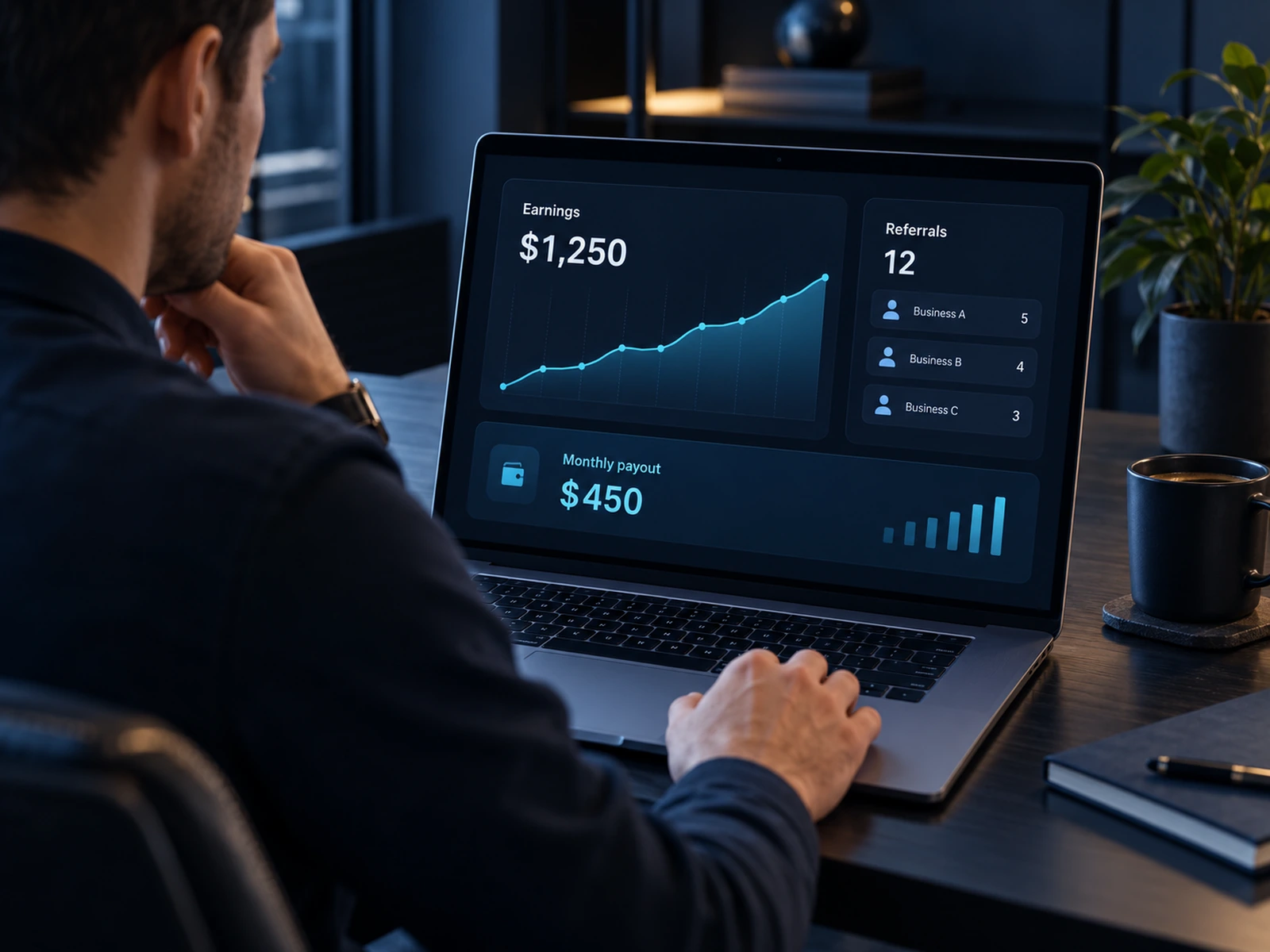 A partner checking referrals and monthly earnings on a laptop dashboard
